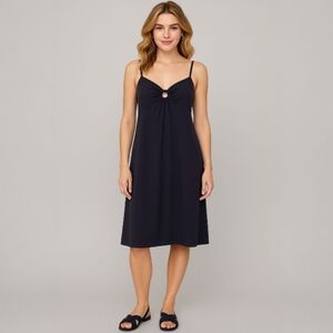 LOFT Navy Blue Cotton Blend Midi Dress with Sweetheart Neckline